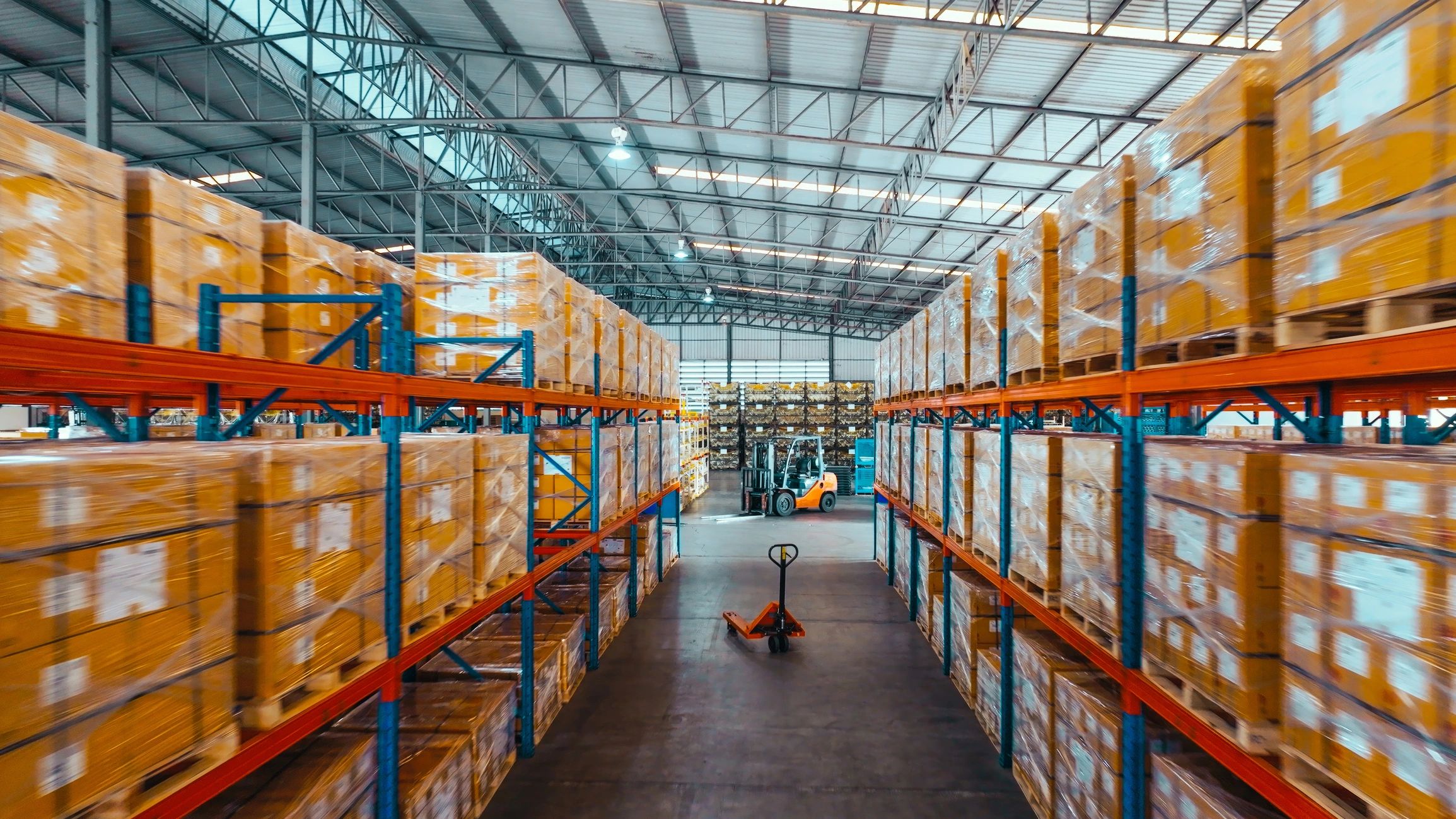 Industrial warehouse shelving with packaged inventory